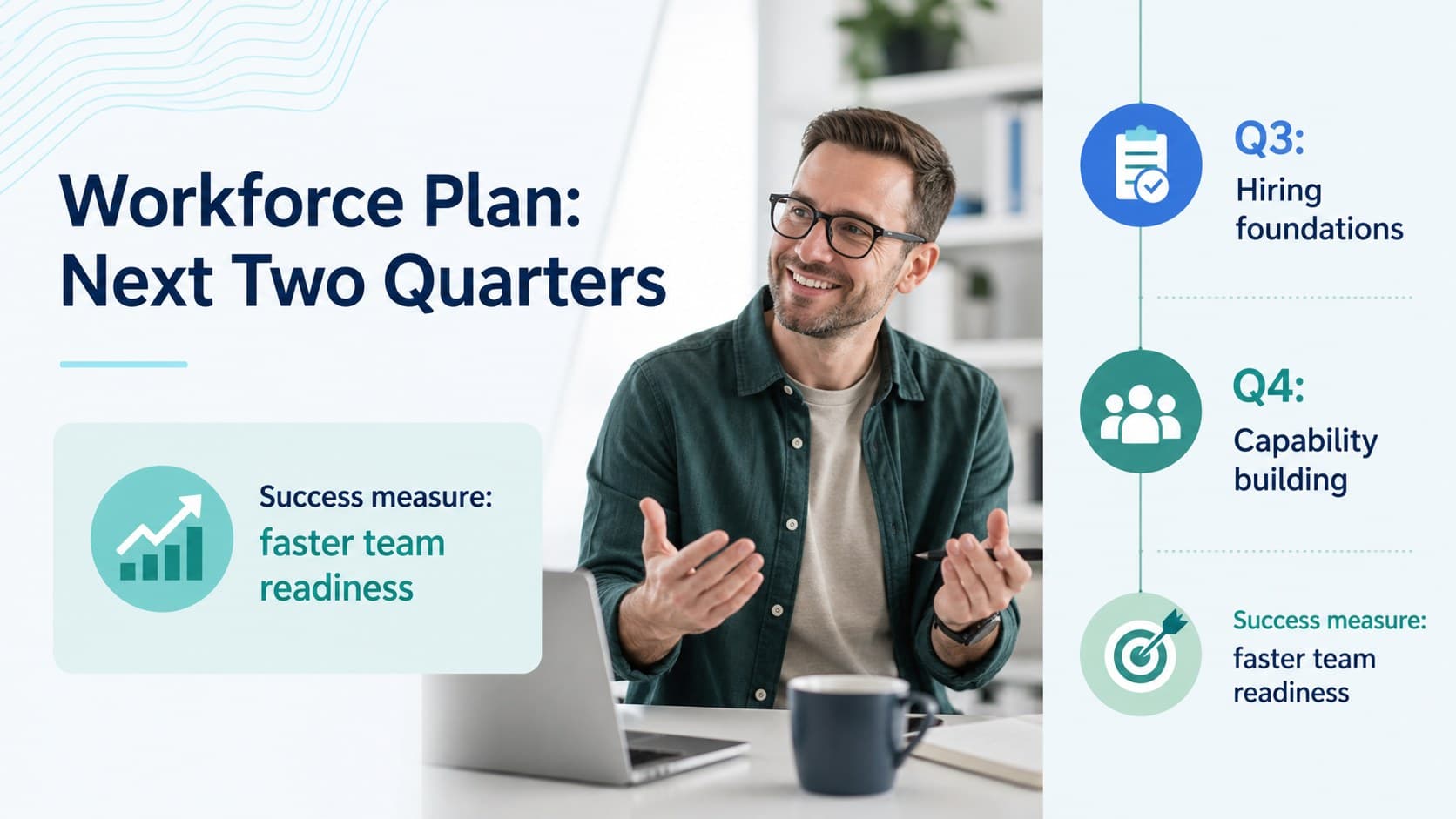 Workforce planning slide with a blue-green timeline for upcoming people operations milestones.