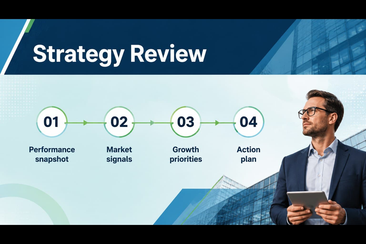 Agenda slide outlining strategy review sections in a blue green business presentation theme.