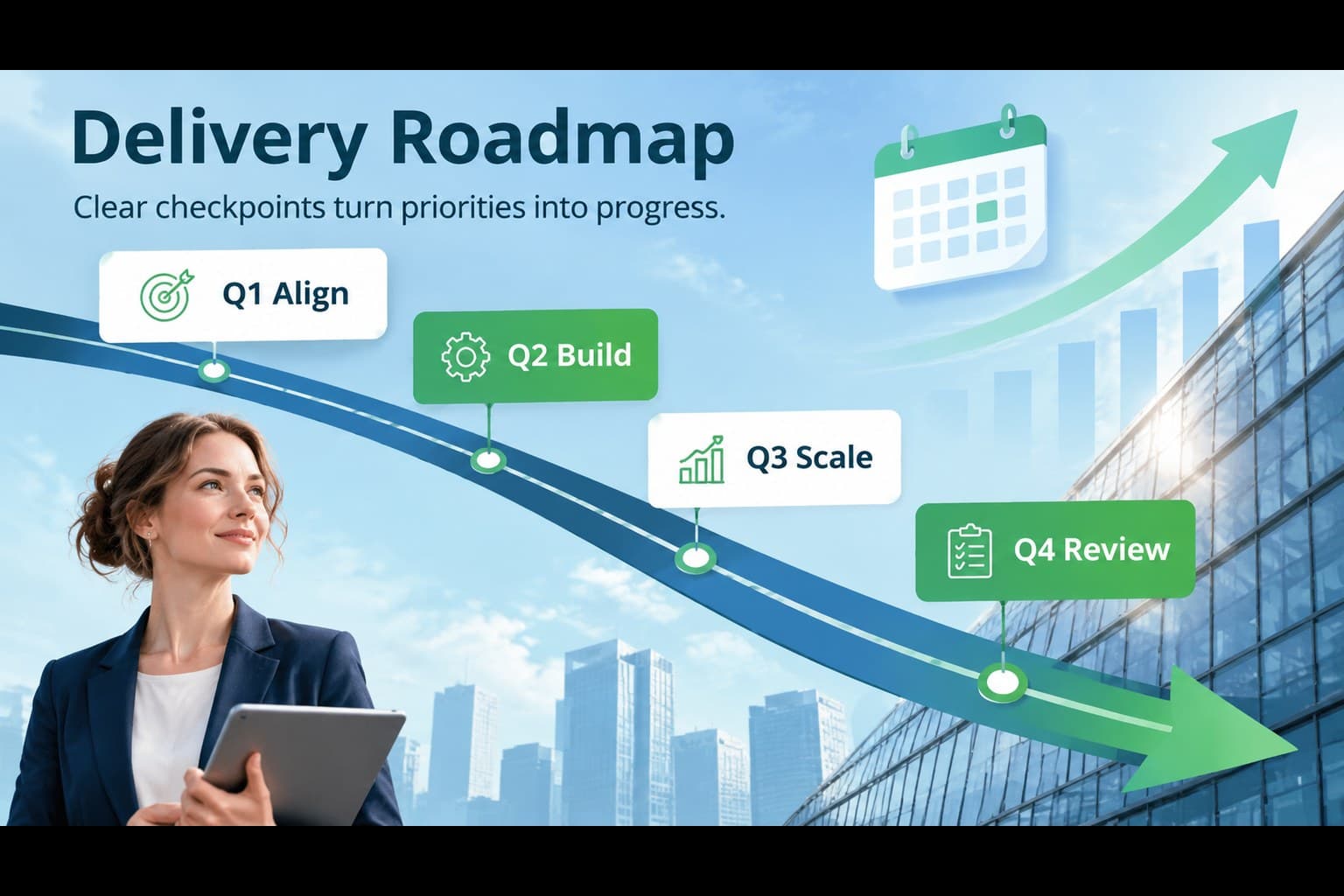 Timeline slide presenting quarterly milestones in an executive performance review deck.