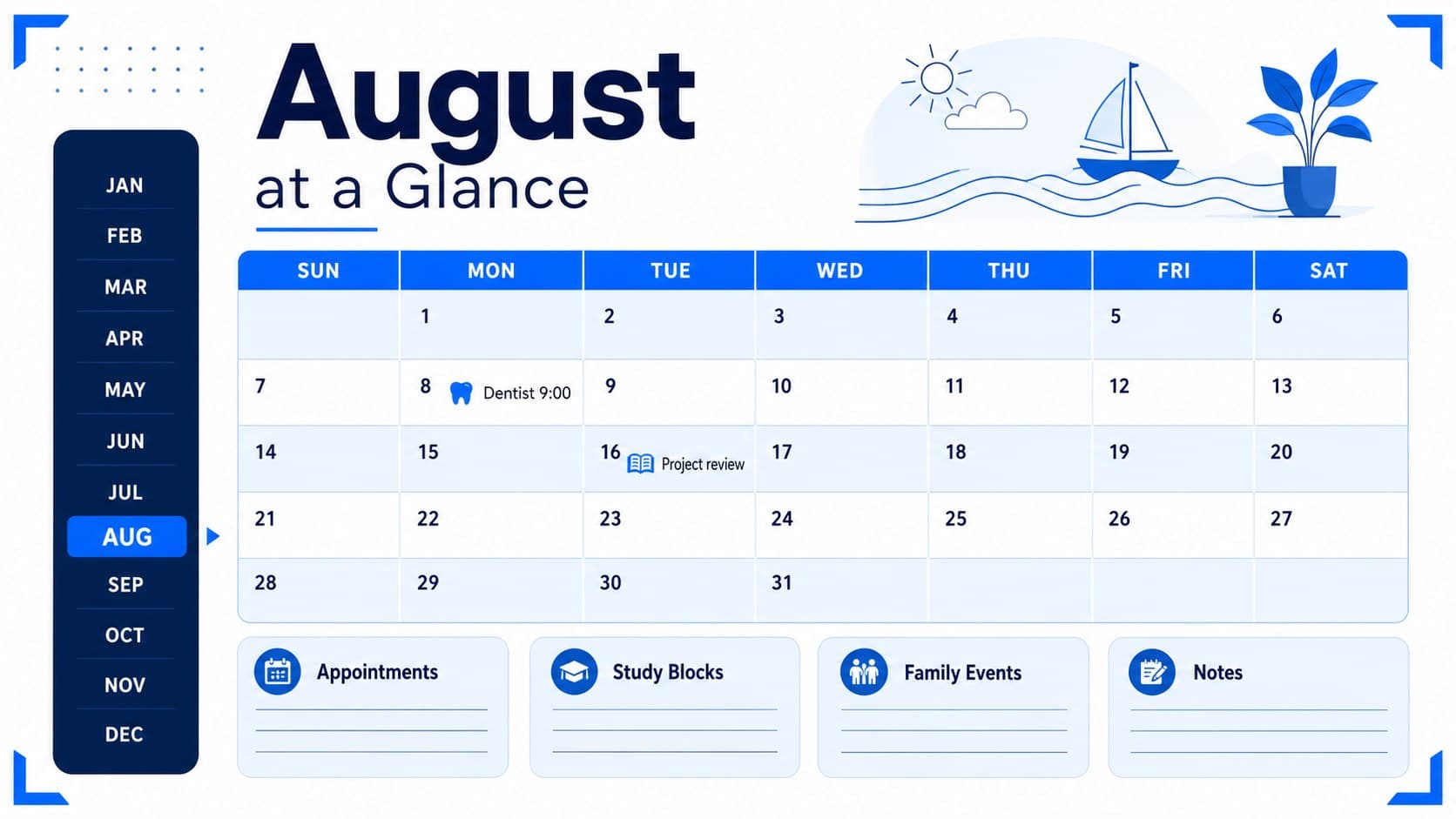 August 2027 monthly schedule presentation slide with large date cells for appointments, study blocks, and family events.