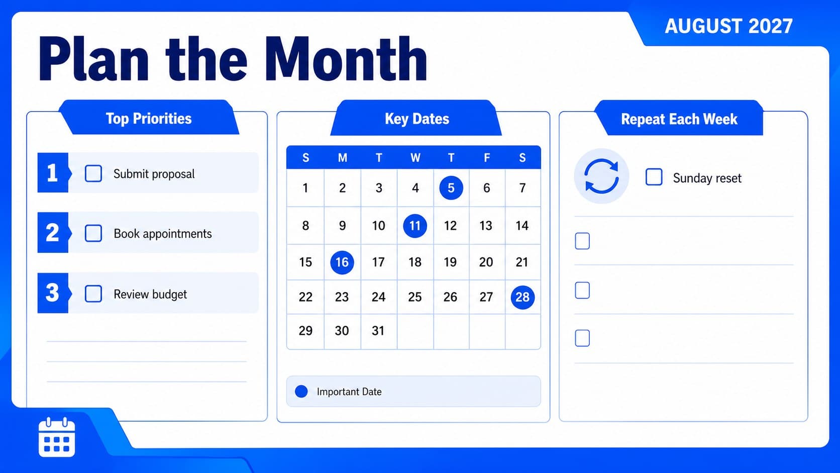 Editable monthly overview slide showing August priorities, recurring tasks, and a compact visual planning calendar.