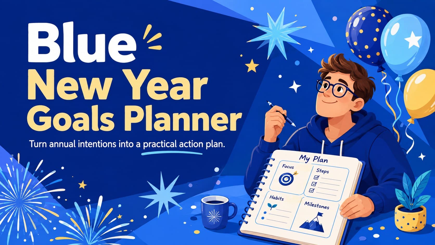 Blue New Year Goals Planner cover with festive fireworks, stars, balloons, and an illustrated planning sheet.