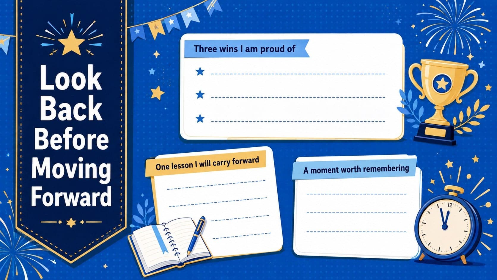 New Year reflection presentation template with sections for achievements, lessons, and memorable moments.