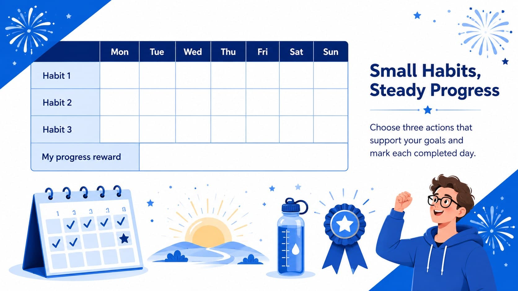 Yearly habit planning presentation slide with weekly checkboxes and space for a progress reward.