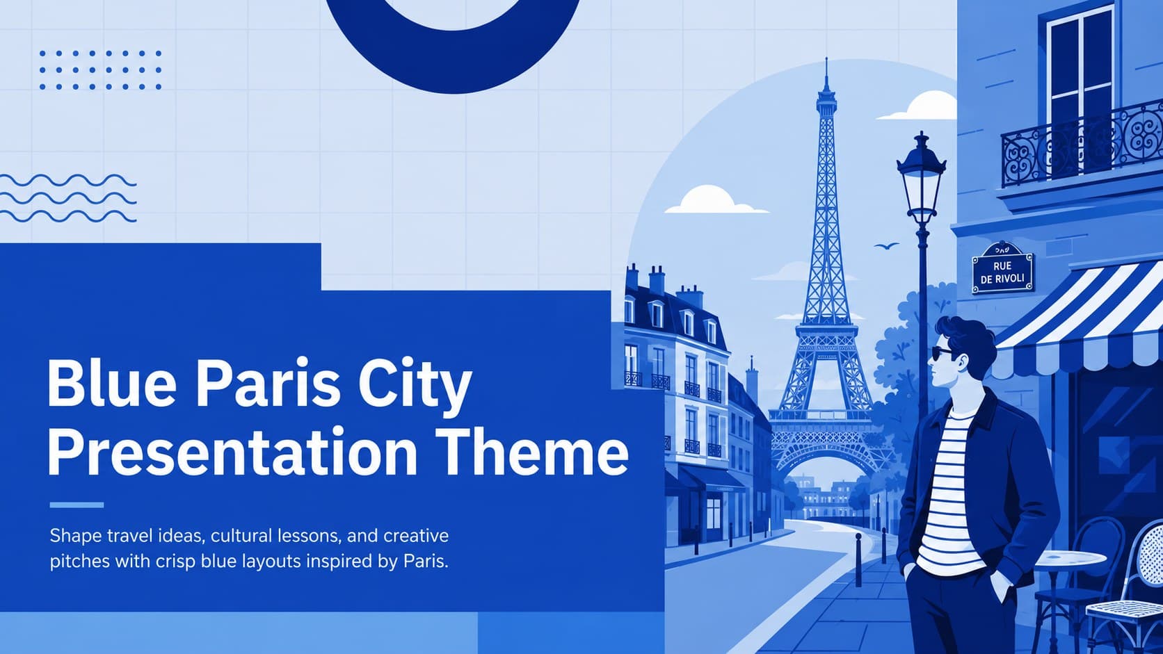 Cover for the Blue Paris City Presentation Theme with modern blue architecture-inspired graphics.
