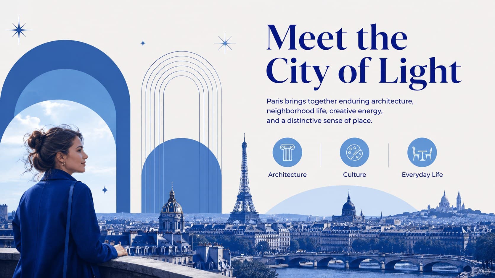 Modern Paris PowerPoint deck introduction featuring a concise City of Light overview.