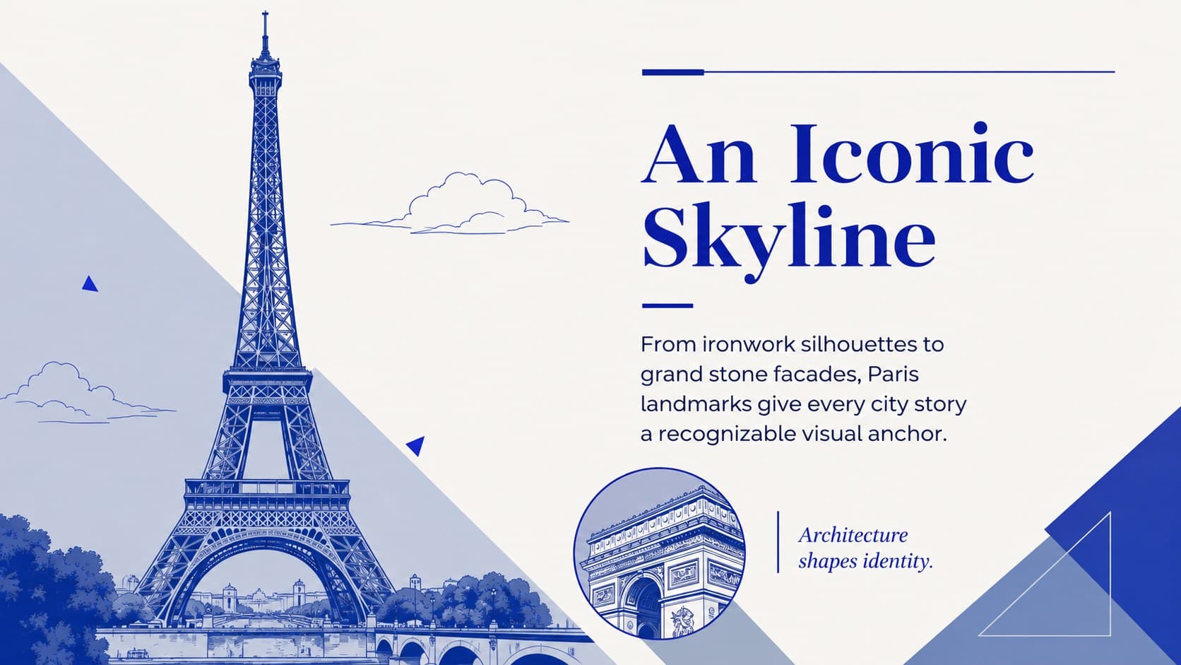 Paris landmark profile slide with blue modern layouts for architecture and travel storytelling.