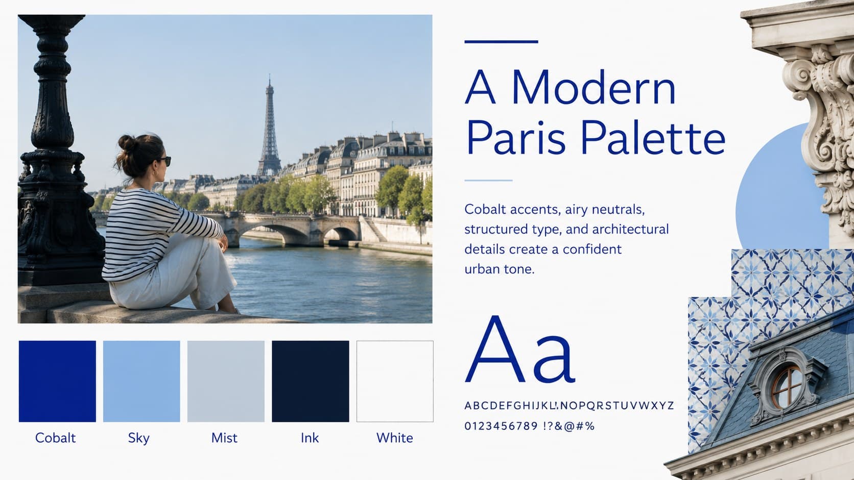 Paris city theme moodboard displaying a crisp palette, typography, and urban visual references.