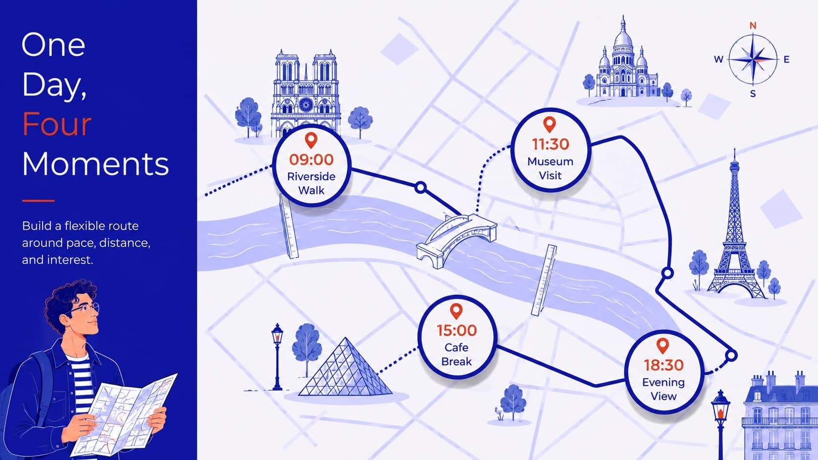 Paris travel Google Slides theme showing a one-day itinerary with a stylized city route.
