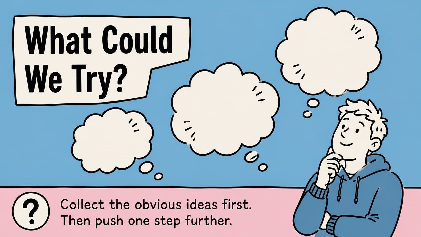 Playful brainstorming slide with blue and pink idea bubbles and editable prompt text.