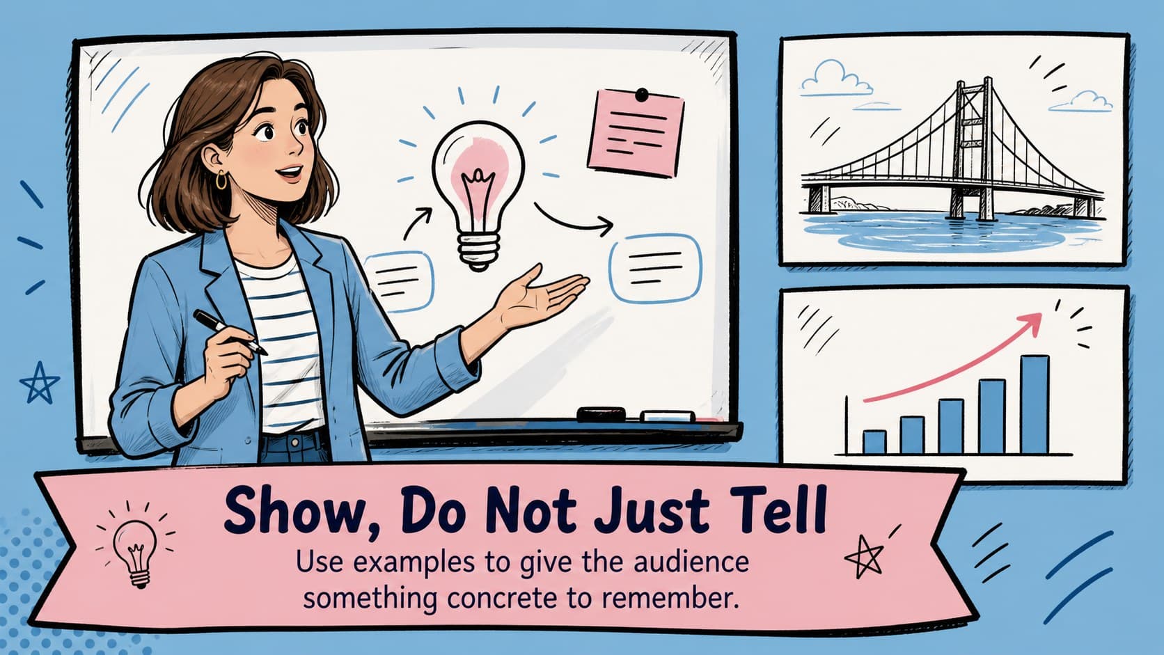Blue and pink image collage slide for presenting examples with comic-style captions.