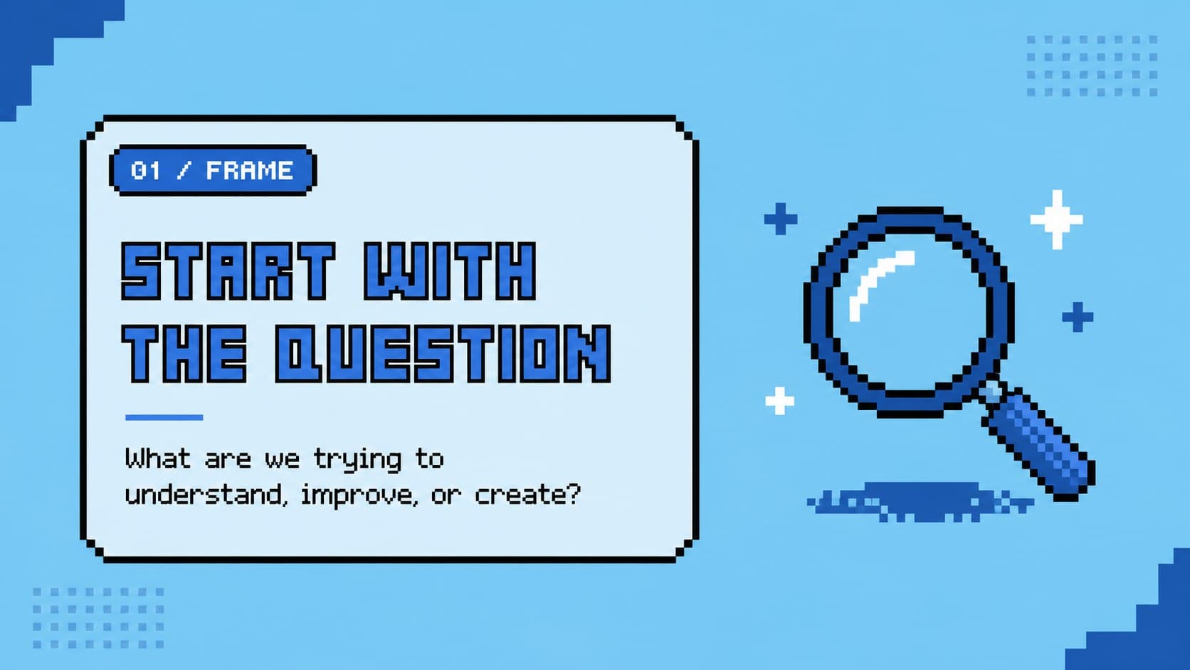 Blue pixel workshop slide defining a creative challenge with a central question.