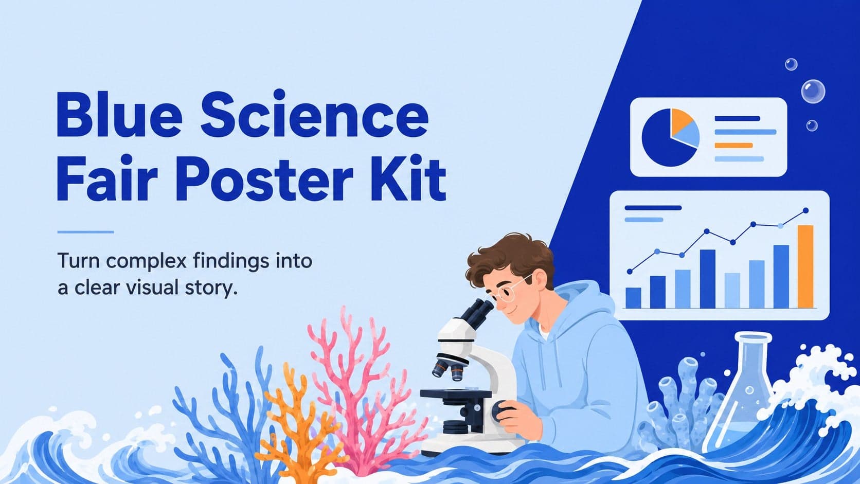 Blue Science Fair Poster Kit cover with ocean illustrations and a clean scientific presentation title.