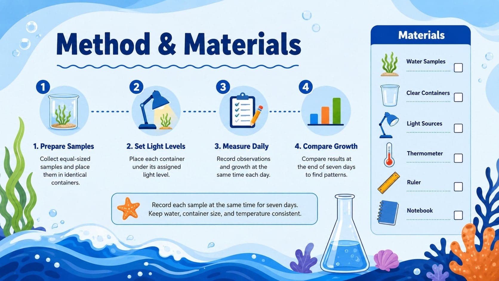 Editable student experiment poster slide with a scientific method timeline and materials checklist.