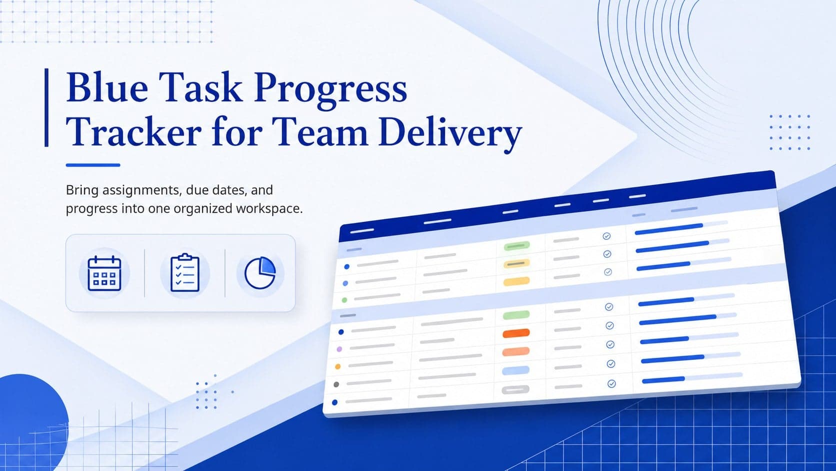 Cover preview for the Blue Task Progress Tracker for Team Delivery with a polished blue corporate spreadsheet theme.