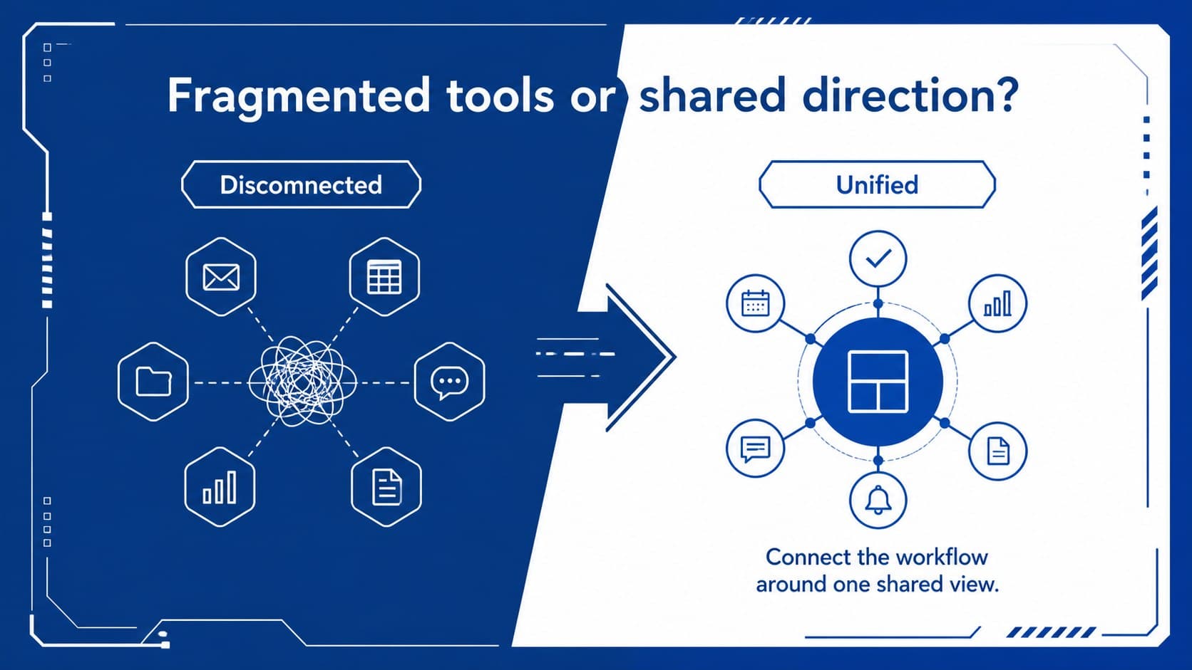 Comparison slide contrasting fragmented tools with a unified network using blue illustrated panels.