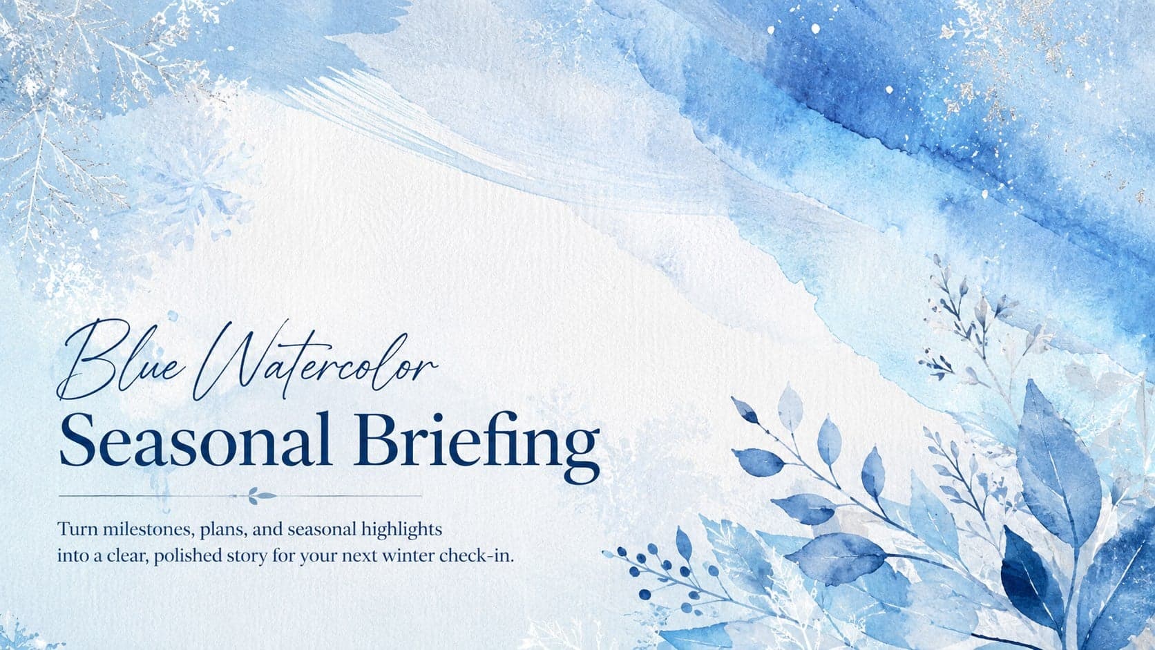 Cover of a blue watercolor seasonal briefing with elegant typography and cool painted winter accents.