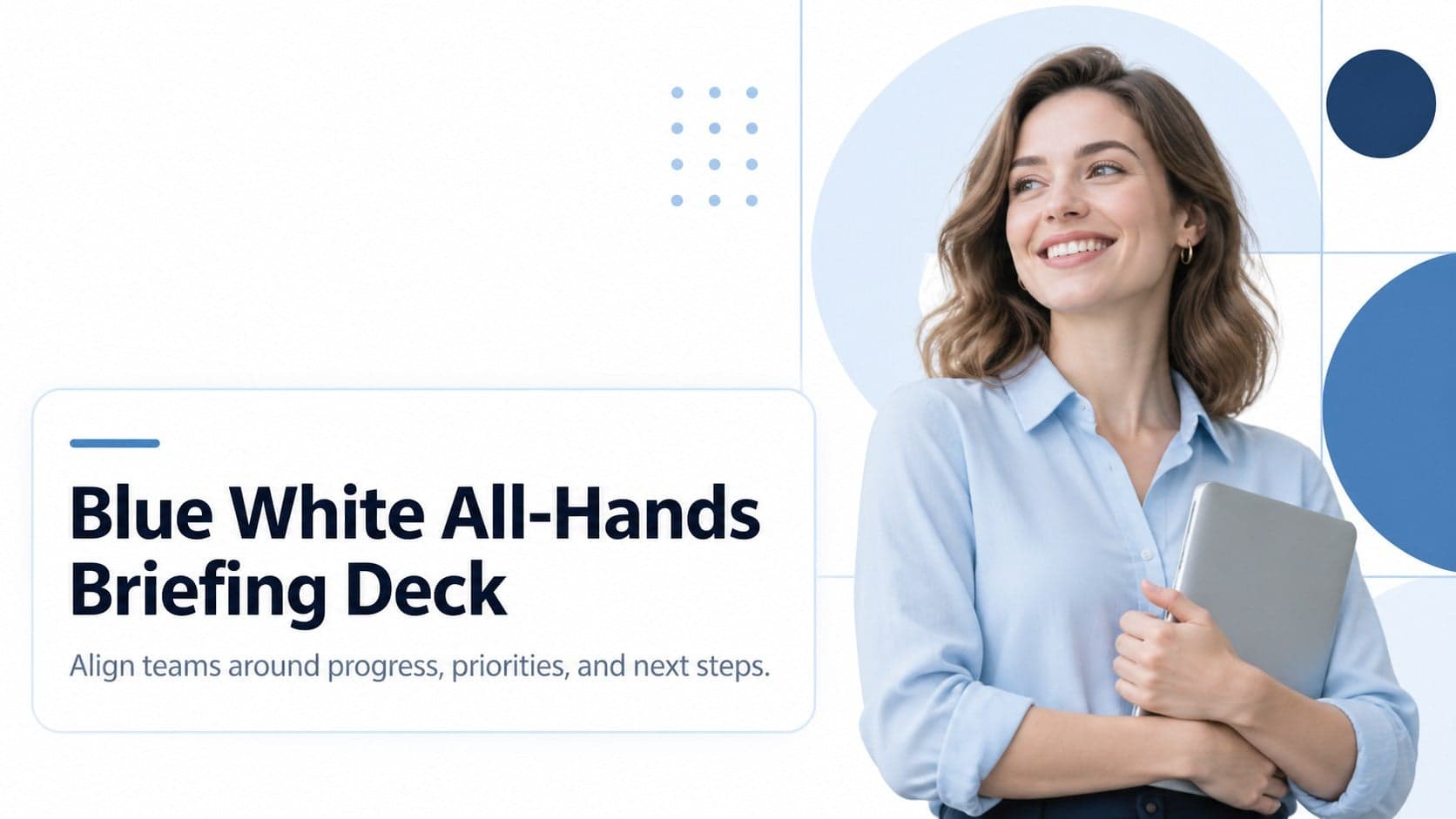 Cover slide for a blue white all-hands briefing deck with a bold company update headline.