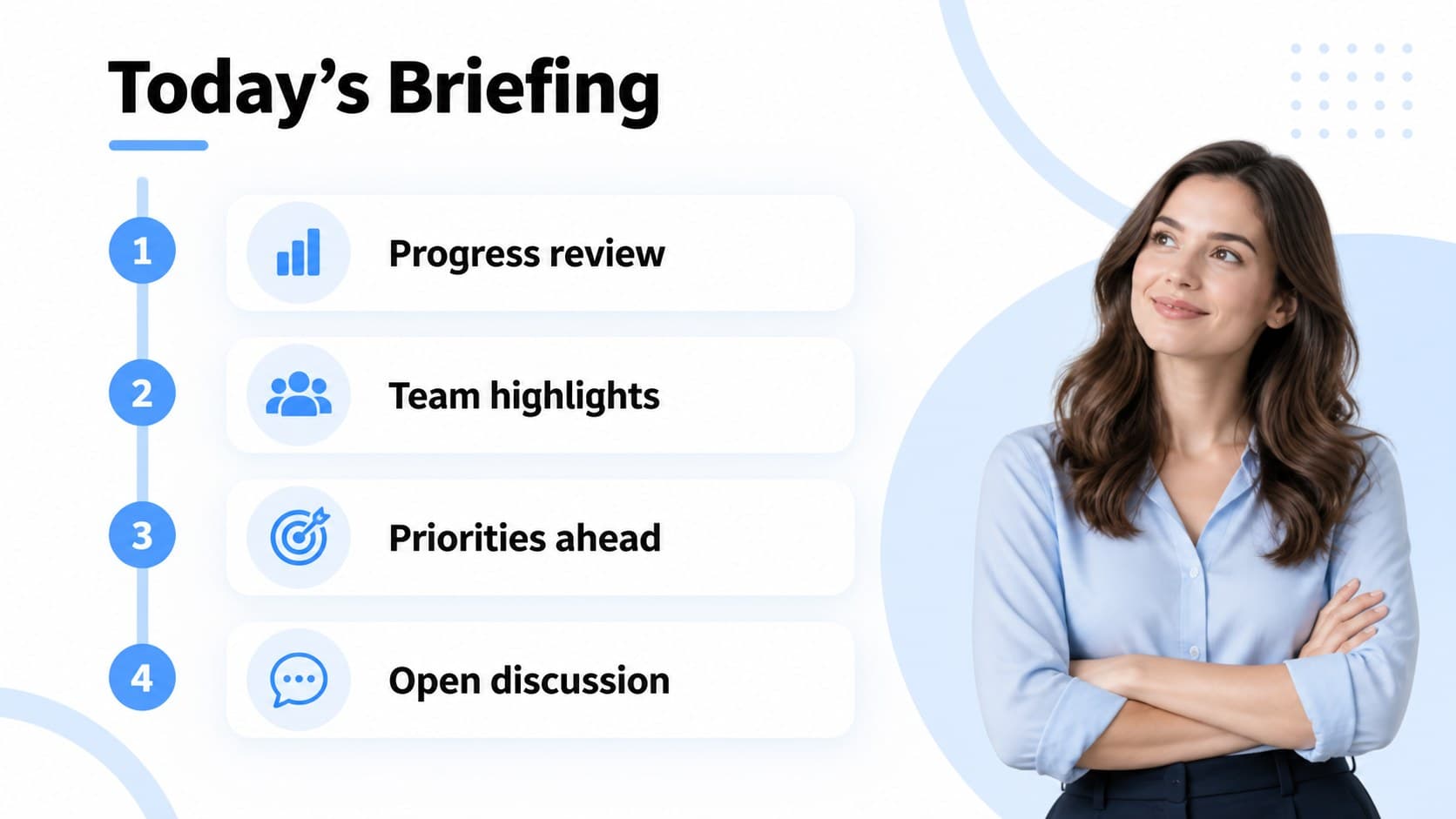 Blue and white agenda slide outlining the flow of an employee town hall meeting.
