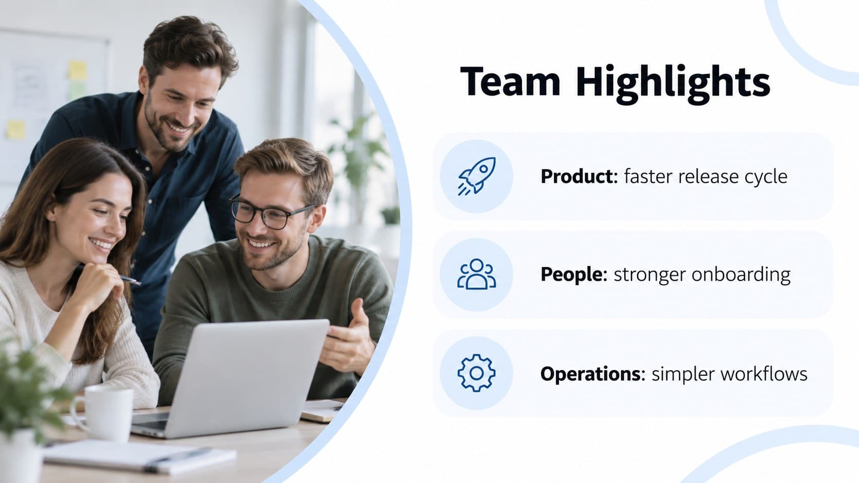 Team highlights slide featuring department updates in a blue and white all-hands presentation.
