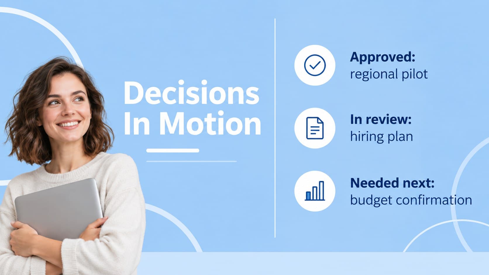 Internal leadership briefing template slide with a two-column decision summary.