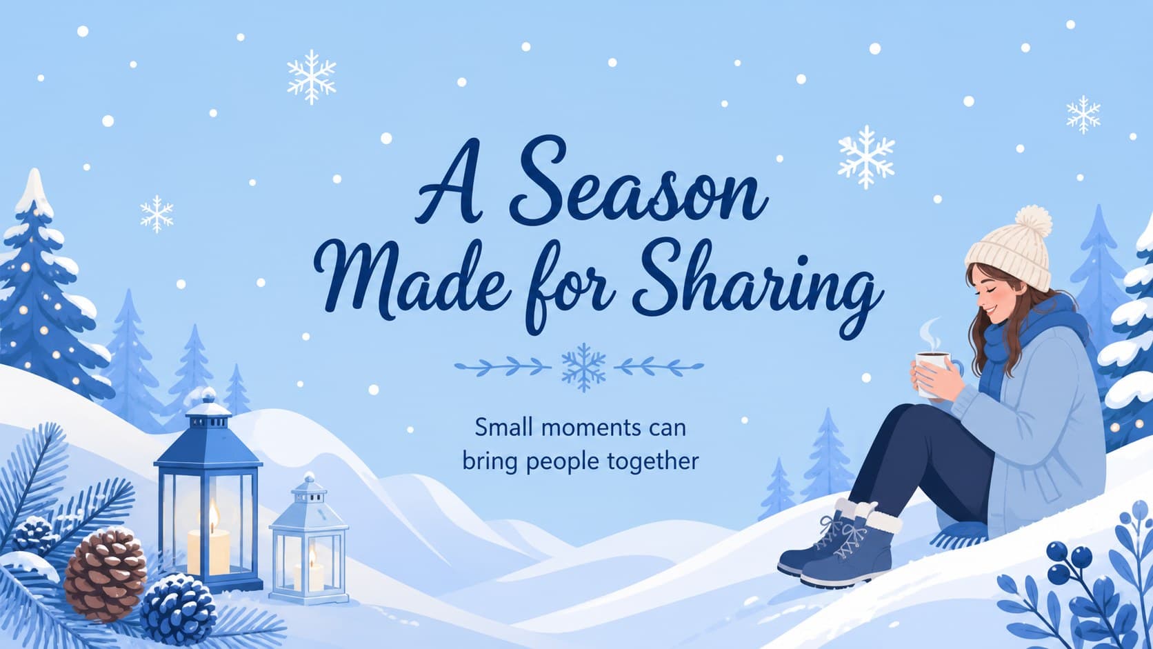 Winter scene slide introducing a seasonal message with blue snow-covered hills.
