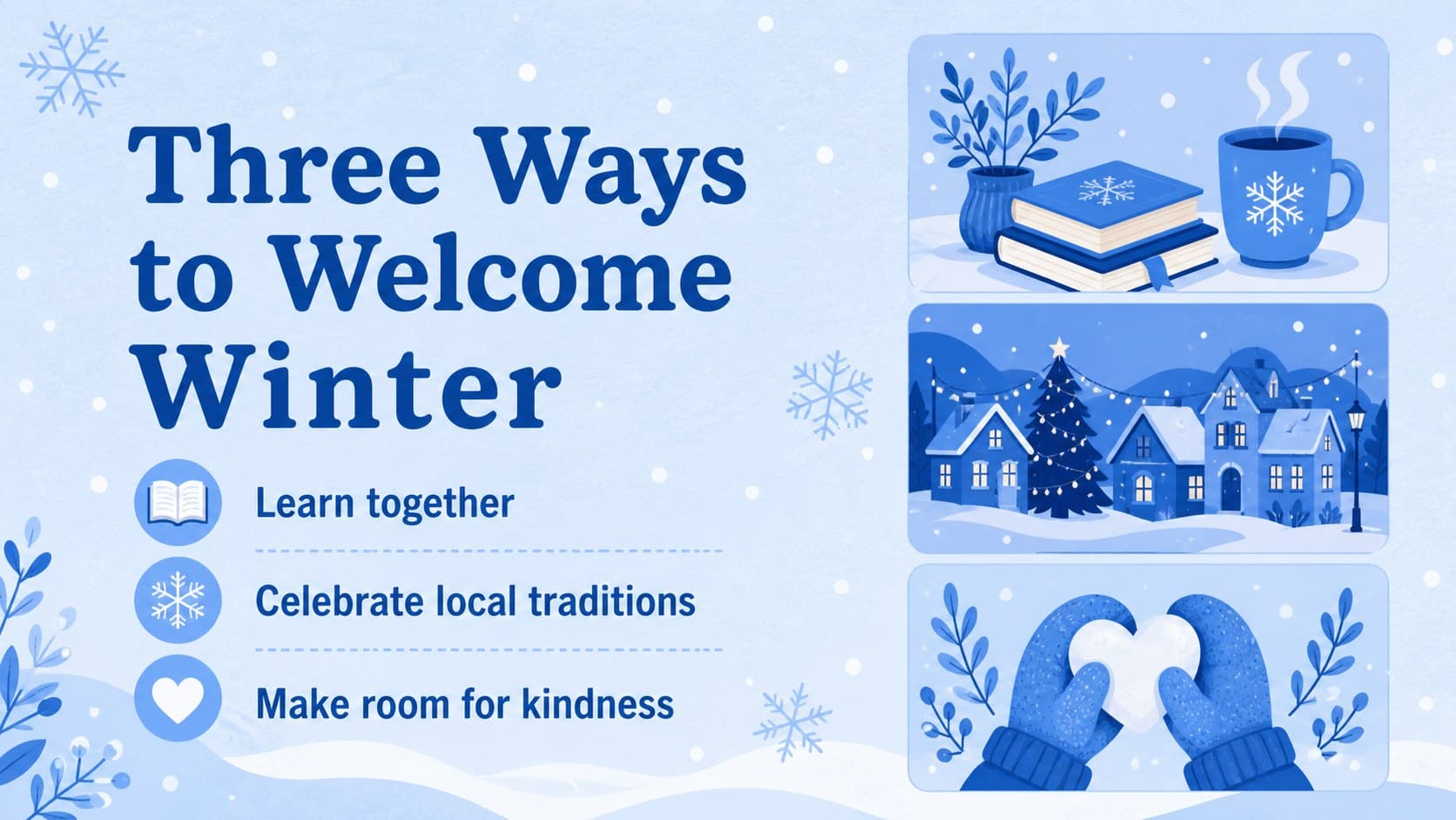 Educational holiday slide with illustrated winter objects and a clear content area.