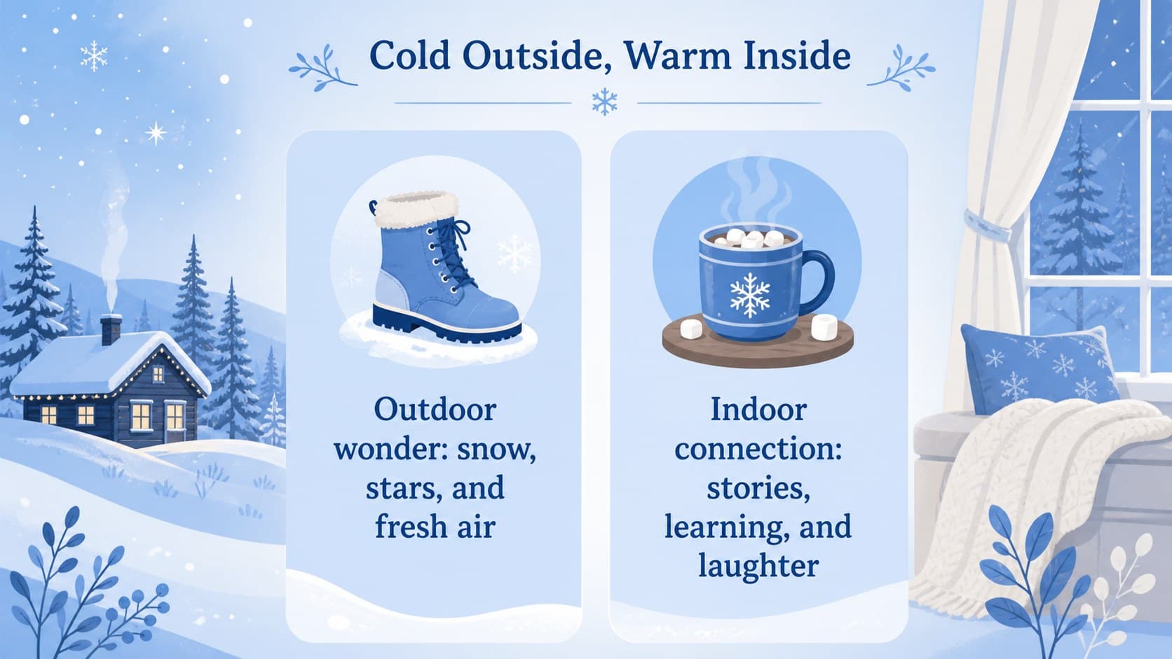 Winter lesson slide with two illustrated columns for comparing seasonal ideas.