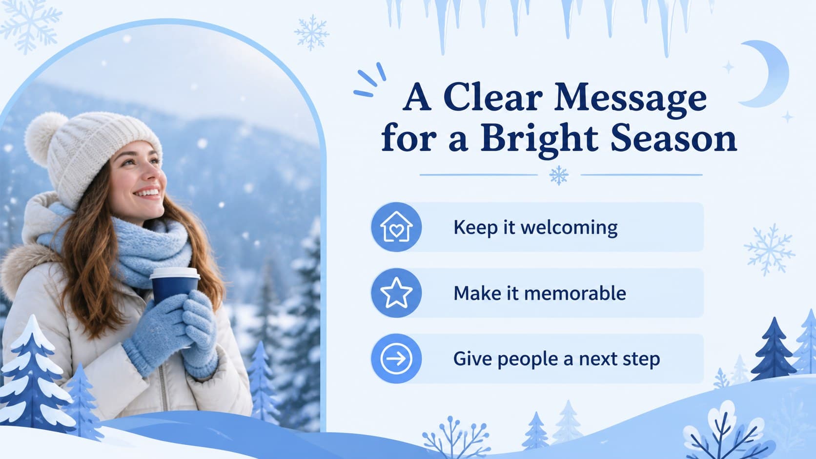 Seasonal presentation slide featuring a snowy illustration beside editable key points.