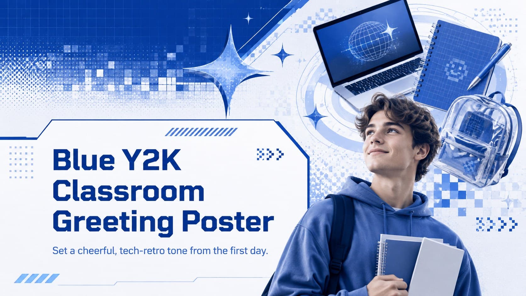 Blue Y2K classroom greeting poster cover with bold retro lettering and futuristic school graphics.