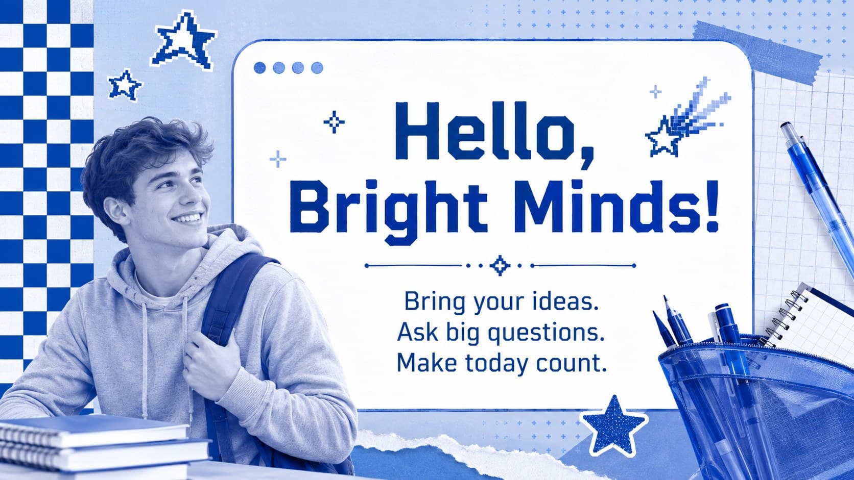 Retro blue back-to-school poster encouraging students to bring ideas and ask questions.