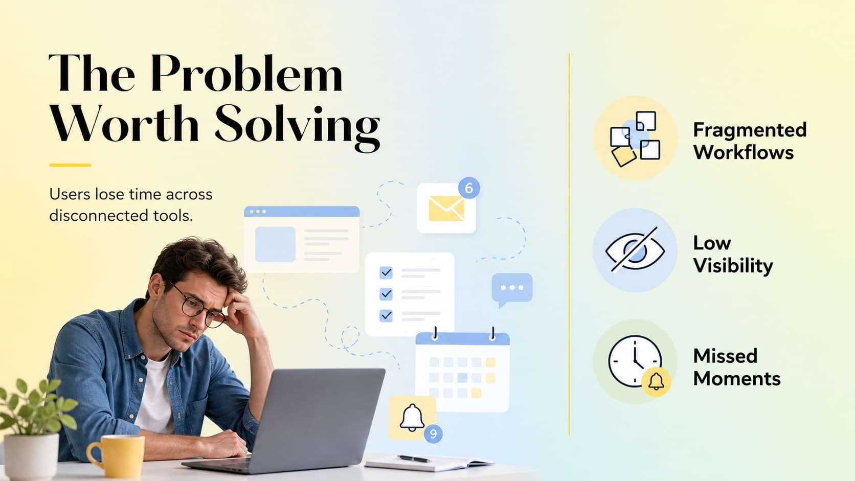 Startup pitch opening slide showing an app problem statement in a bright blue and yellow layout.