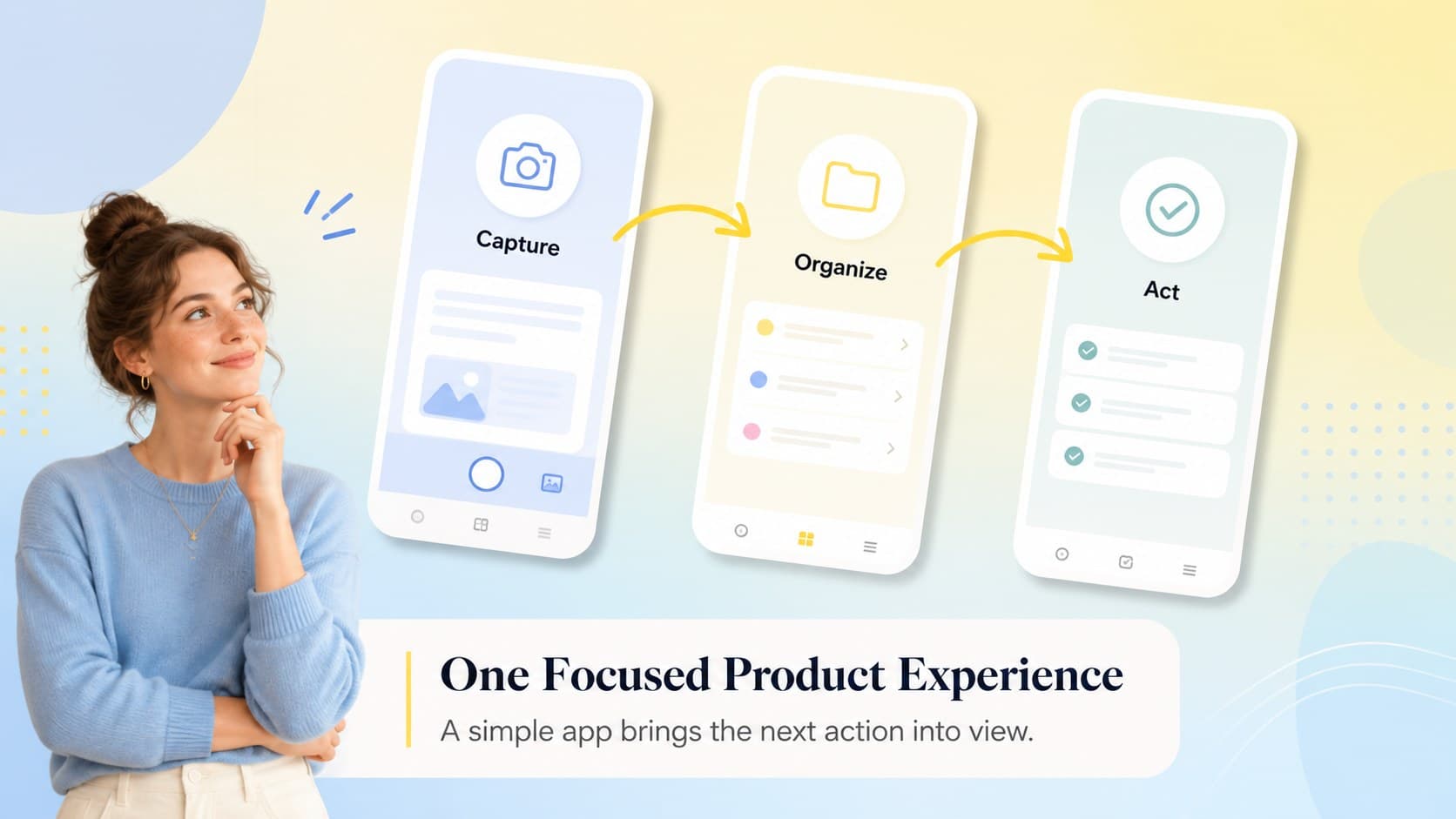App solution overview slide with illustrated product screens and concise investor messaging.