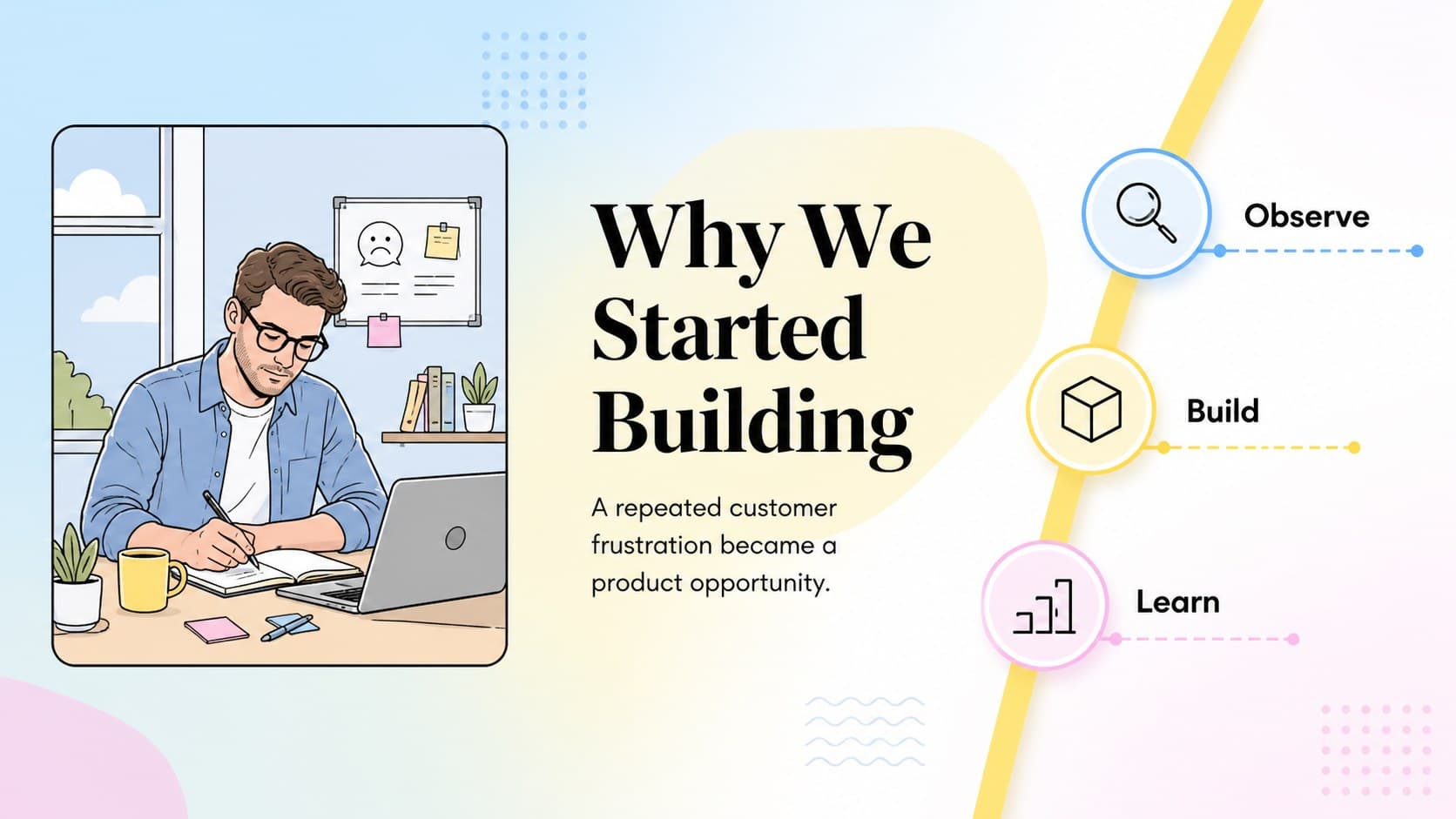 App business presentation slide explaining the company story with an original illustrated founder scene.
