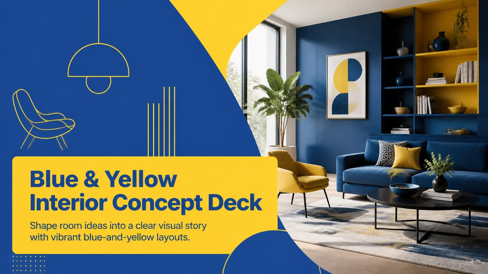 Cover of the Blue & Yellow Interior Concept Deck with a modern room photograph and bold geometric accents.