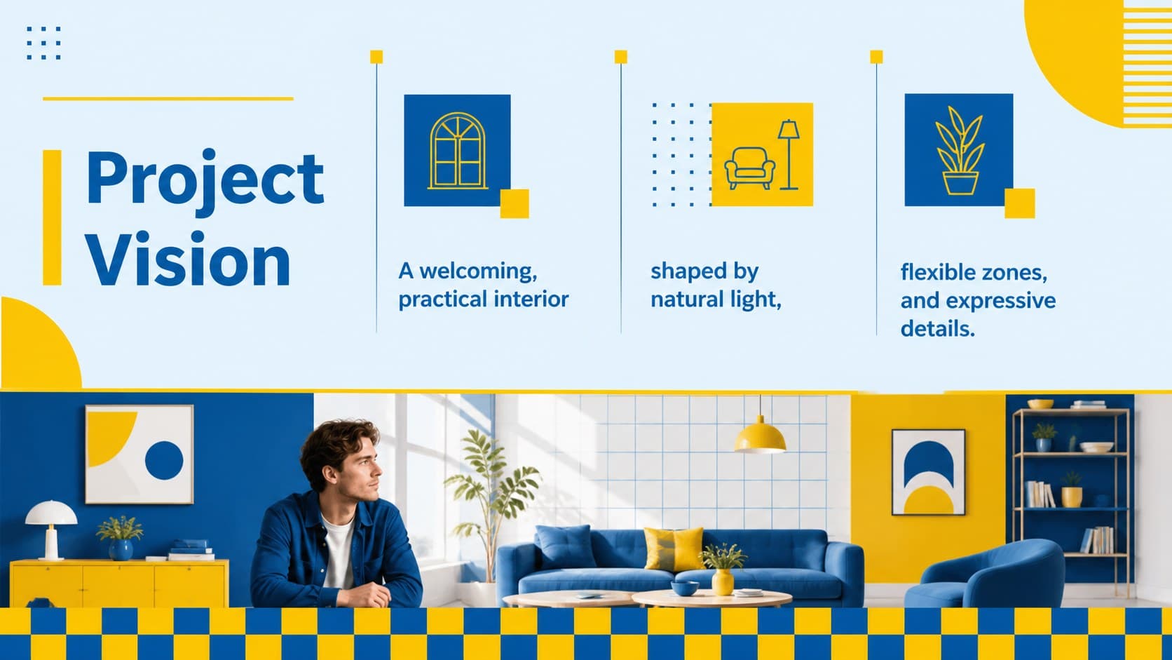 Interior concept deck overview slide outlining the vision, project goals, and intended atmosphere.