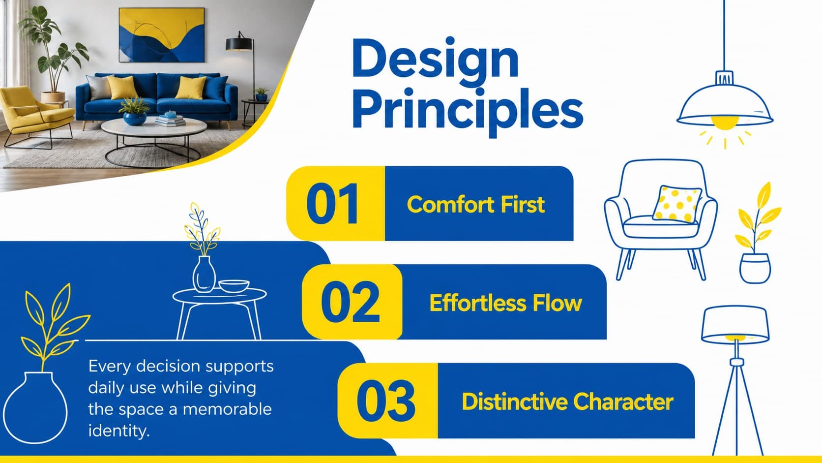 Interior design presentation slide showing three guiding principles for comfort, flow, and character.