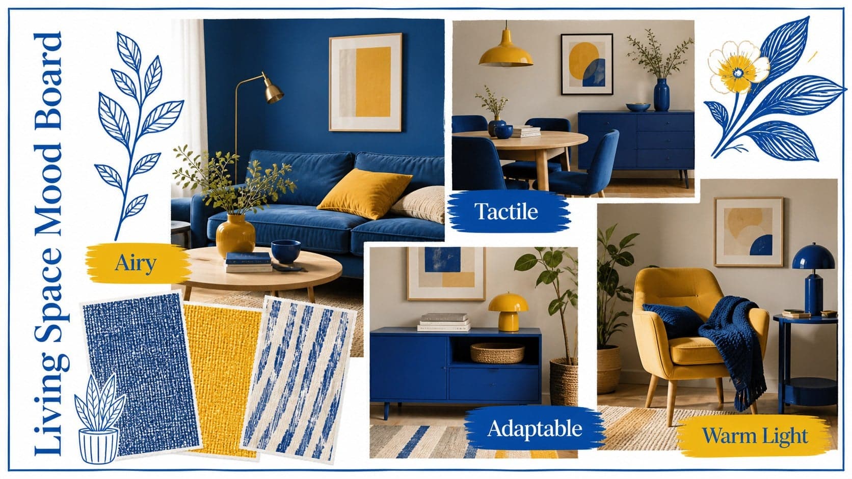 Interior design mood board presentation featuring room imagery, textures, and descriptive concept words.