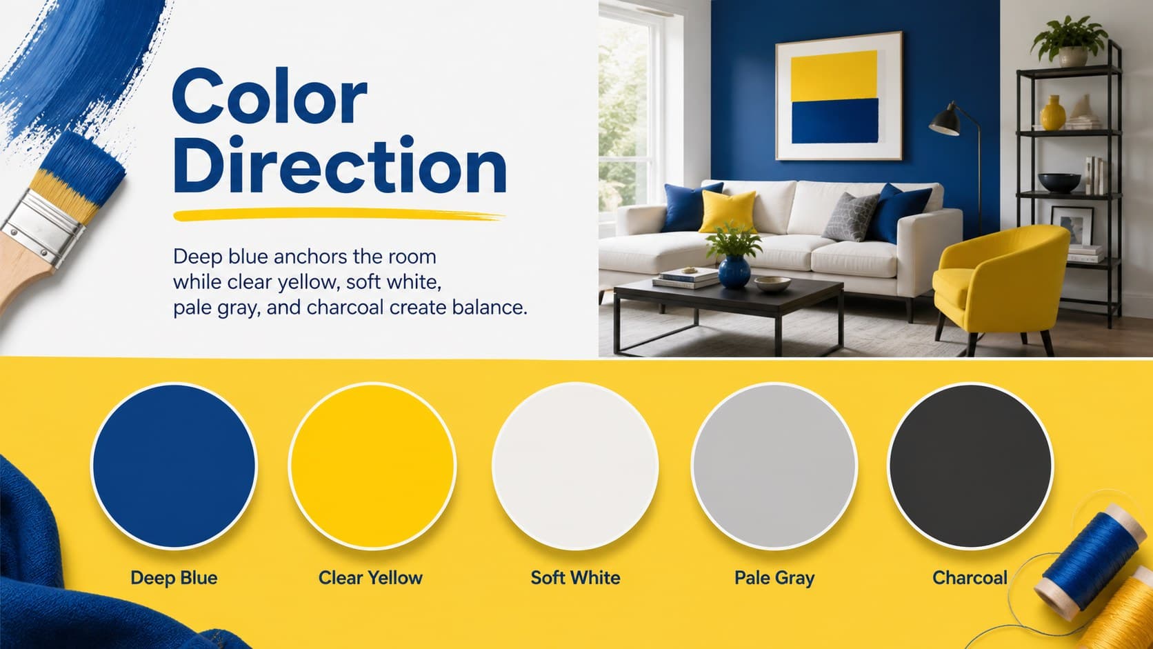 Blue and yellow interior design slide displaying a coordinated room color palette with five labeled swatches.