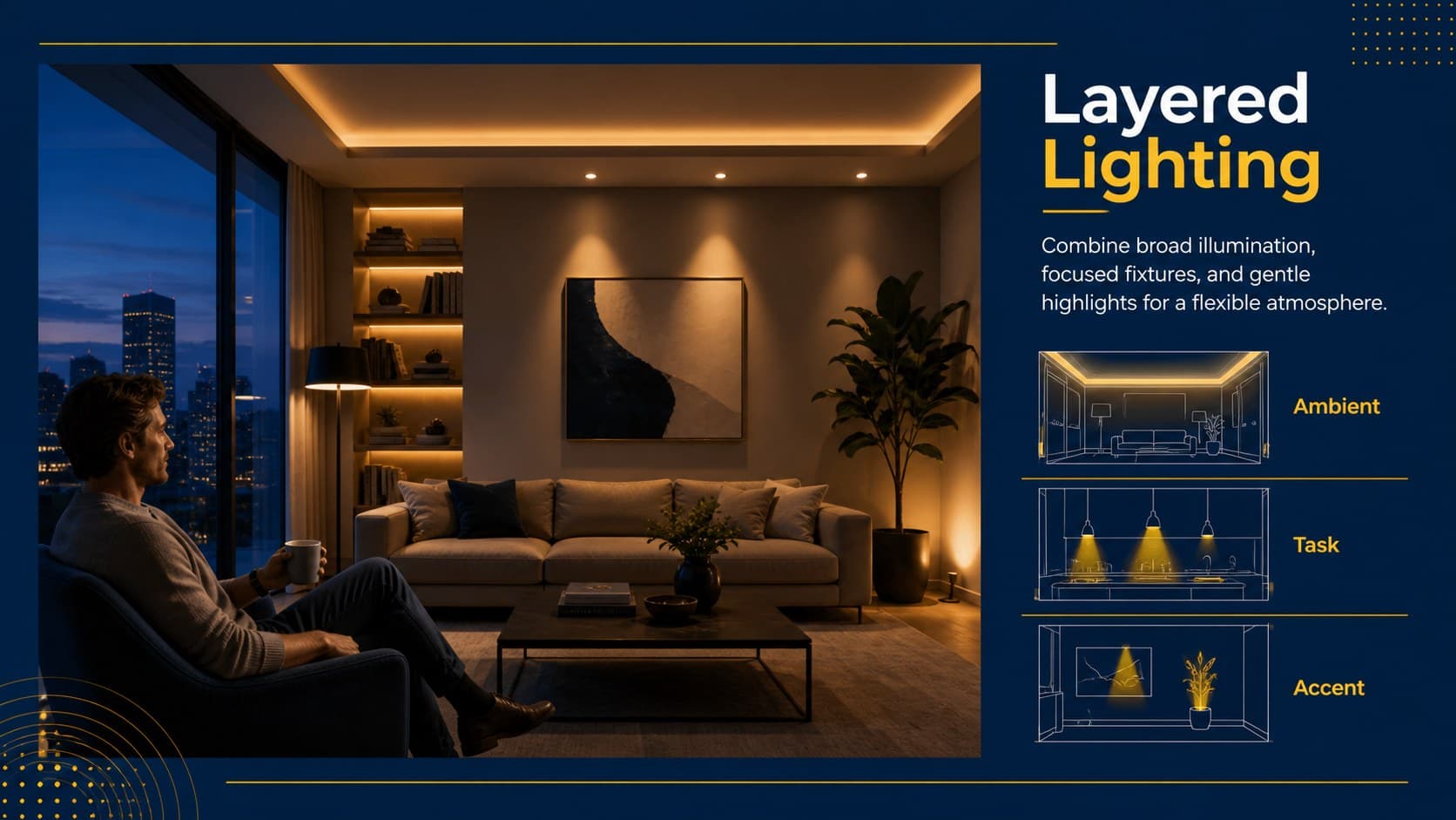 Interior concept deck slide combining a lighting diagram with ambient, task, and accent lighting examples.