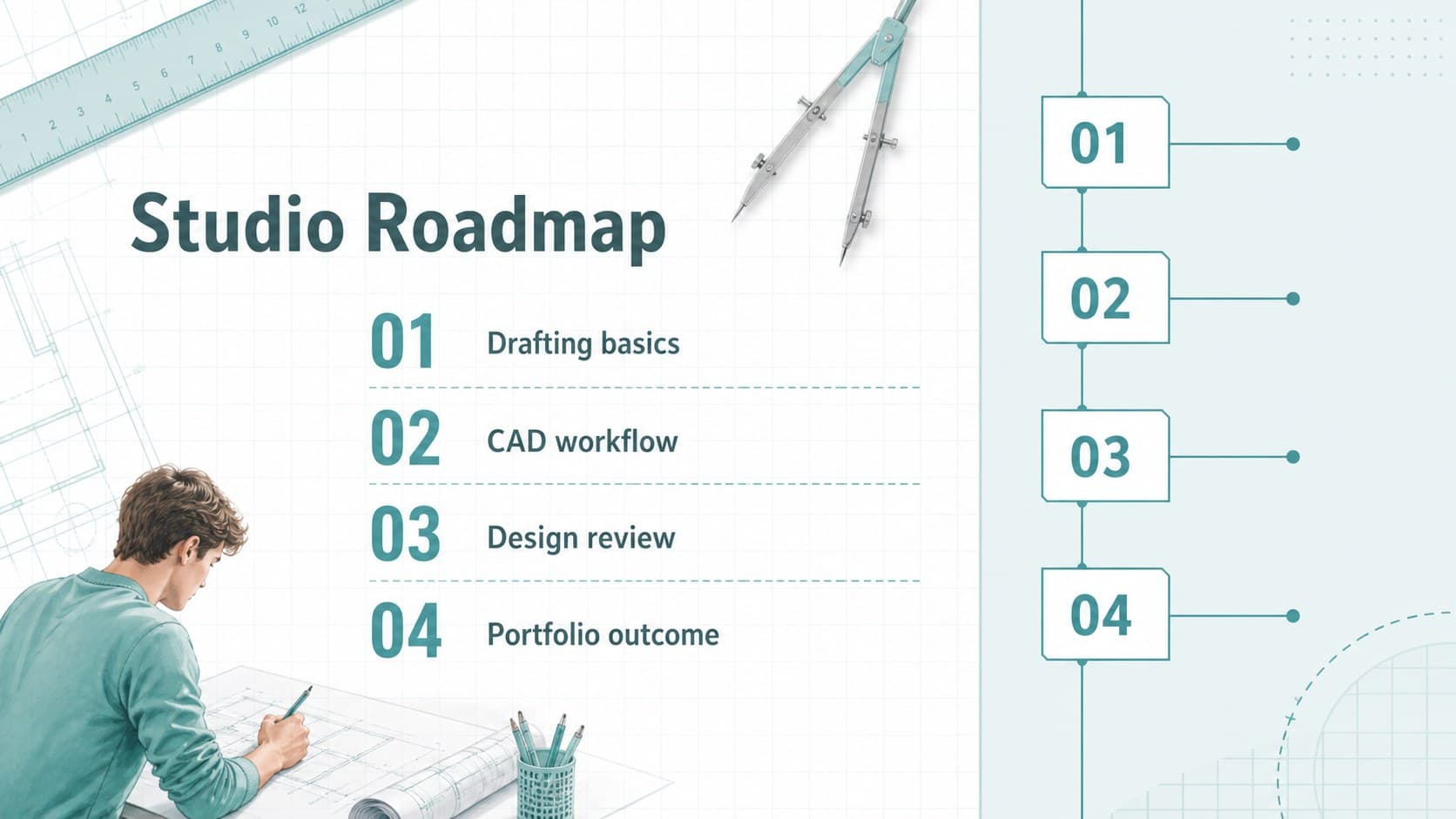 Architecture CAD study deck agenda slide outlining studio goals, drafting skills, and project milestones.