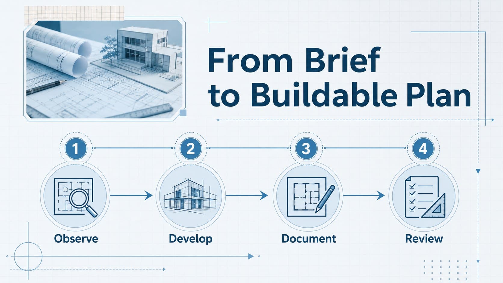 Architectural drafting process slide showing a blue CAD workflow from reference research to final drawing.