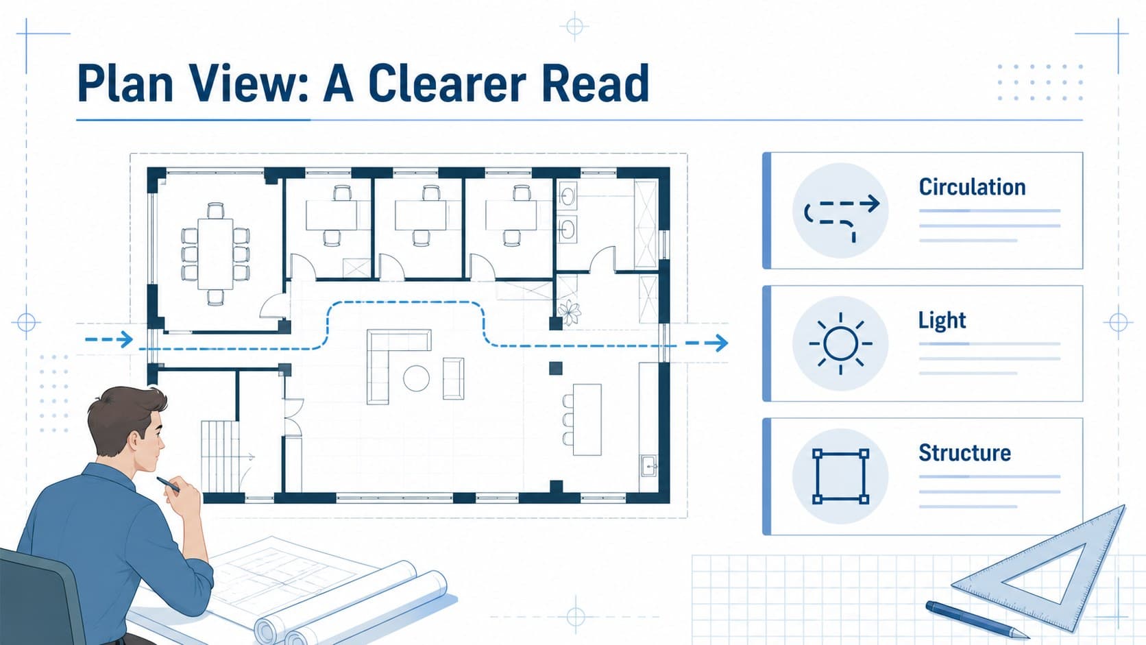 Technical drawing student presentation slide featuring a blue plan-view diagram and concise design notes.