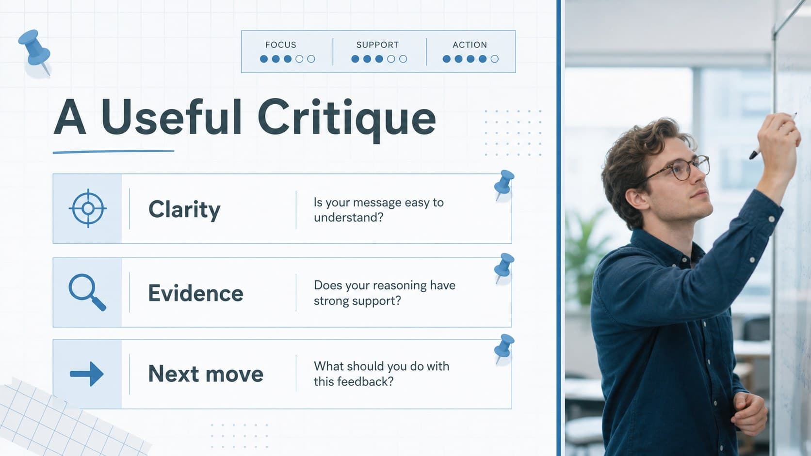Architecture studio critique slide with blue review criteria, project image space, and structured feedback notes.