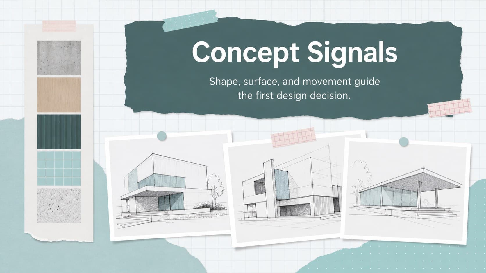 College architecture studio slide displaying a blue project concept board with material and form references.