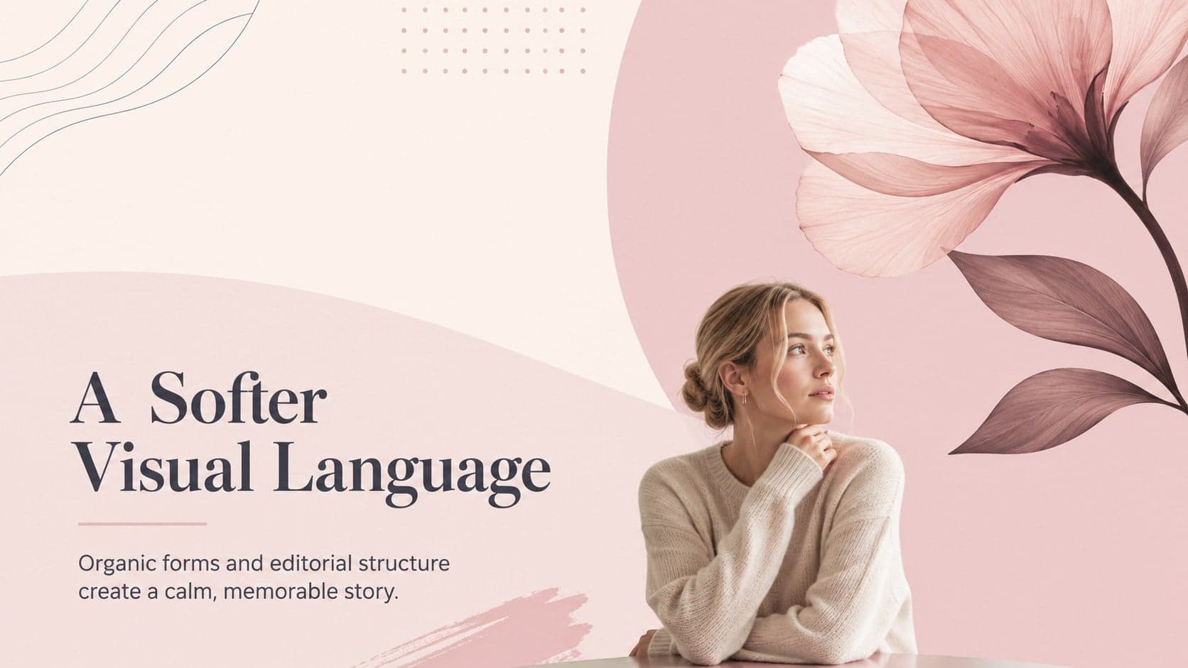 Elegant pink presentation slide introducing a creative vision with botanical line artwork.