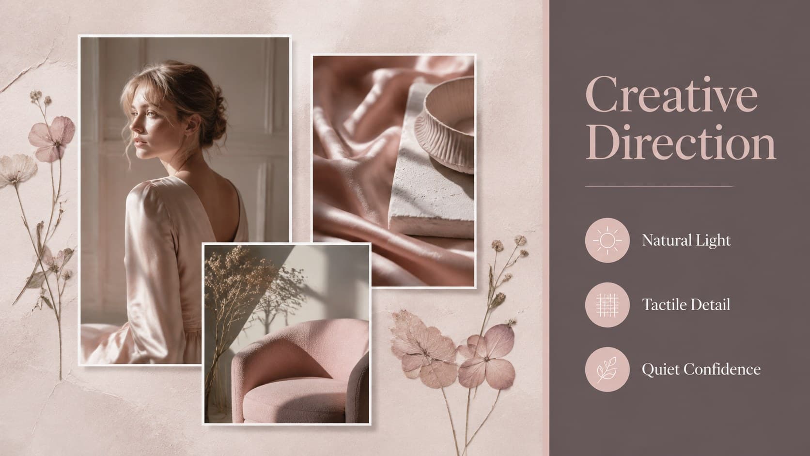 Fashion mood board presentation slide combining editorial photography with blush botanical accents.