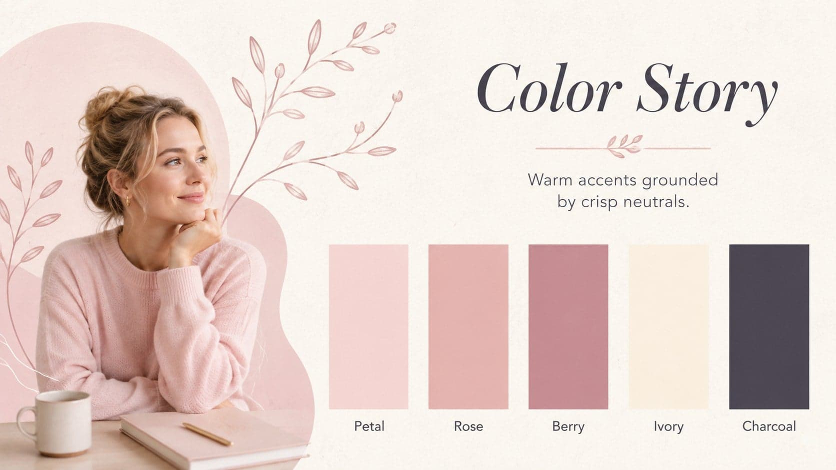 Blush floral business presentation slide displaying a coordinated five-color palette.