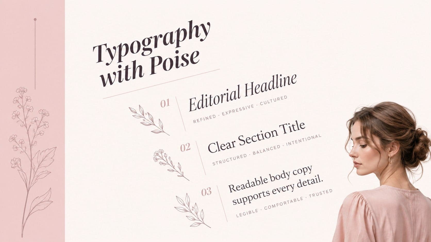 Editorial beauty portfolio template slide showing a refined typography hierarchy.