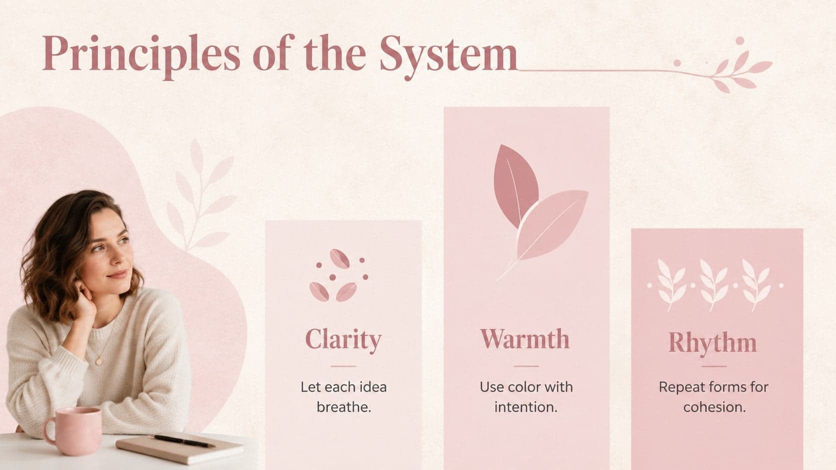 Organic pattern Google Slides theme page with three creative principles and botanical motifs.